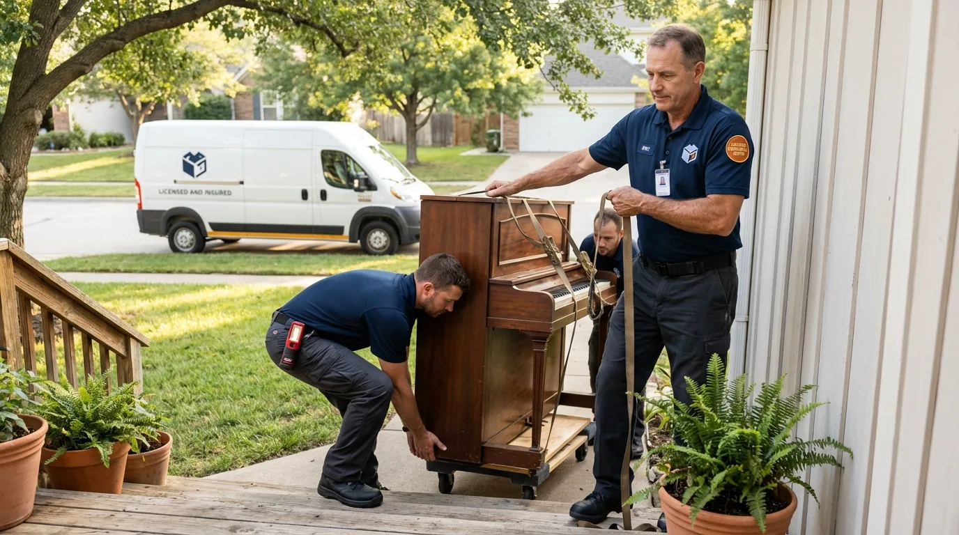 Licensed piano movers securing grand piano in Leesburg, FL
