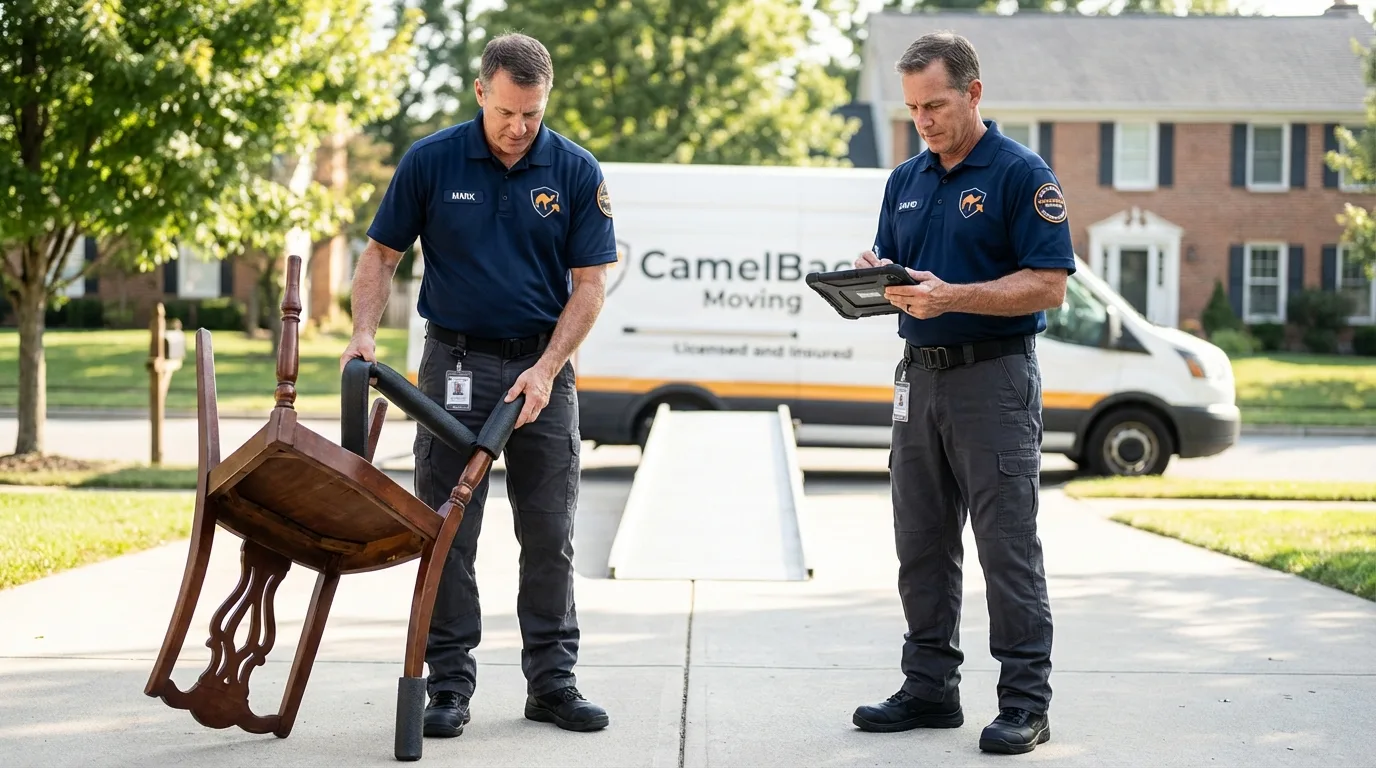 Movers inspecting furniture for damage prevention before loading in Leesburg, FL