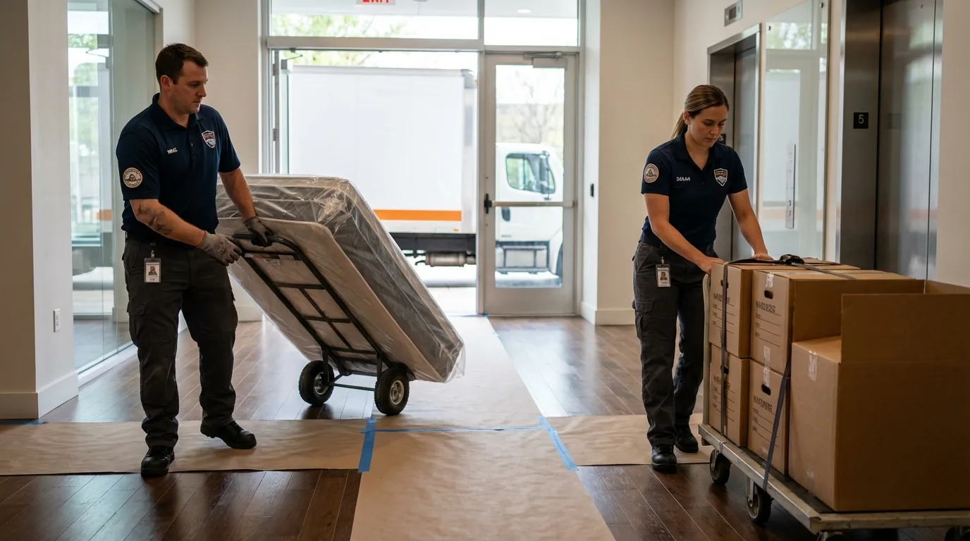Professional apartment movers loading elevator in Leesburg, FL